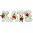 A carefully hand-crafted floral tribute spelling the name KATE in bold, three-dimensional block letters, arranged against a pure white backdrop so every texture reads clearly. Each letter - K, A, T and E - is built from a dense carpet of small, immaculate white chrysanthemums whose rounded heads nestle tightly together to create a soft, cloud-like surface that suggests calm and dignity. The contours of each letter are finished with a pale pink satin ribbon, pleated and gentle, its subtle sheen catching soft studio light and adding a whisper of warmth to the cool white blooms. At the centre of each letter sits a single deep red rose, its velvety petals unfurling like a quiet heart; these roses provide a striking, solemn contrast and draw the eye to the individual letters. Fresh, generous green foliage - glossy broad leaves with finer fern-like fronds - frames each rose and spills slightly over the letter faces, lending depth, movement and a sense of natural resilience. The K carries its rose near the lower part of the left vertical stroke; the A's rose crowns its triangular peak; the T's bloom nestles at the base of the left side of the crossbar; and the E bears its rose on the middle horizontal arm, each placement chosen to balance shape and sentiment. The overall impression is one of respectful remembrance: pure white chrysanthemums for dignity, crimson roses for enduring love, and verdant greens for renewal. As a local Queensbury florist might note, this bespoke memorial lettering is suited to funerals or celebration-of-life services across Queensbury, Kingsbury and nearby Wembley, where families seek a personal, handcrafted tribute.