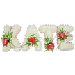 A personalised floral tribute carefully spells out the name KATE in bold, three-dimensional capital letters, each letter formed from a dense carpet of pristine white spray chrysanthemums that give a softly textured, cushion-like surface. A ruffled, pale pink ribbon traces the outer contours of every letter, its pleated edge introducing a gentle blush that warms the cool white base without distracting from the overall serenity. Inserted into the white chrysanthemum foundation are glossy, heart-shaped red anthuriums with their distinctive spadices, placed as concentrated clusters to create warm focal points against the quiet backdrop; they sit among deep green foliage-broad glossy leaves and delicate fern fronds-that add depth, contrast and a natural, lived-in softness. Slender green tendrils and trailing vines weave between the letters, subtly linking the K, A, T and E so the whole tribute reads as a single, flowing offering rather than separate pieces. The arrangement rests against a clean white background with a faint drop shadow beneath each letter, giving the display a gentle three-dimensional lift and allowing afternoon light to catch the glossy anthurium surfaces. As a sympathy or memorial tribute, the piece conveys purity, respect and remembered warmth; one can almost imagine the faint, green-sweet scent of chrysanthemum mingling with the slightly waxy perfume of anthurium. Made with the same thoughtful attention we bring to services across Queensbury and neighbouring Kingsbury, this tribute is suited for wakes, funeral chapels or a quiet committal - a respectful, handcrafted expression of enduring affection and remembrance.
