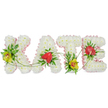 This photograph features a personalised sympathy tribute spelling out the name KATE in large floral letters, arranged in a straight line and set against a bright, uncluttered white background. Each letter is meticulously sculpted from a dense blanket of crisp white chrysanthemums, their small, rounded blooms overlapping to form a soft, velvety texture that conveys calm and purity. The edges of every letter are trimmed with a narrow pink satin ribbon, gently ruffled to soften the outline and introduce a whisper of colour that feels tender and affectionate. Within this gentle framework, the florist has positioned striking accent flowers that draw the eye: yellow-green cymbidium orchids with reddish-brown throats appear on the K and at the base of the T, their distinctive tropical look adding depth and quiet drama. On the A and E, smooth, heart-shaped red anthuriums shine with a subtle lacquered gloss, symbolising devotion and remembrance. Around these focal blooms, rich green foliage fans out, mixing broad glossy leaves with lighter, feathery fronds to bring a sense of garden freshness and natural movement. Fine, flexible green stems and tendrils curve gracefully across the letters, linking them as if one continuous living garland. The overall effect is both dignified and intimate, ideal for honouring someone named Kate at a funeral or memorial service in Queensbury, whether the arrangement is placed beside the coffin, near the lectern, or at the graveside. It reflects the thoughtful work of an experienced local florist creating a bespoke farewell for families in the Queensbury community.