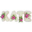 A bespoke sympathy tribute in three-dimensional block letters spells out the name KATE, each letter handcrafted from hundreds of small, pristine white chrysanthemums so densely packed they read as soft, cloud-like surfaces. Pale pink satin ribbon traces the inner contours of each letter, adding a delicate blush outline that catches soft morning light and defines the sculpted edges. Bright, hot pink roses are used as focal notes across the composition: two opened roses nestle into the left arm of the K, a single vivid rose crowns the lower curve of the A, one striking rose anchors the base of the T, and a pair of roses punctuate the right side of the E. Between and beneath these blooms, lush green foliage-variegated leaves, fern-like fronds and slender sprays of ruscus-peeks through to give depth, a fresh garden scent and a contrast that makes the whites and pinks sing. The work sits freestanding against a clean white backdrop, with subtle shadows under each letter suggesting weight and three-dimensional presence, as if set on a chapel lectern or funeral plinth. The arrangement exudes a quiet, tender dignity: the chrysanthemums' satin-like texture, the roses' silken petals and the faint green perfume together create a feeling of gentle remembrance. Local families in Queensbury often choose this style for memorial services at nearby halls or church gatherings; its clear lettering and thoughtful colour palette make it a compassionate, personal farewell that reads plainly at a distance while rewarding close inspection with floral detail and careful craftsmanship.