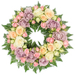 A beautifully crafted circular funeral wreath rests against a plain white background, its ring of roses and fern foliage forming a gentle, consoling presence suitable for remembrance services in Queensbury. The wreath is abundantly full, so that the flowers sit shoulder to shoulder, creating a continuous band of colour and texture. Dominating the composition are large, fully opened roses in shades of creamy ivory and soft white, their velvety petals unfurling in intricate layers that catch soft, even light. Between them, blush pink spray roses cluster in small groups, some as firm, rounded buds, others partially open, suggesting both farewell and the lingering presence of love. Soft peach and buttery yellow roses bring a mellow warmth, while distinctive dusty lavender and muted mauve roses provide an antique, reflective note, deepening the emotional resonance of the design. Beneath and around the blossoms, dark green fern fronds form a lush, feathery base, their finely cut leaves appearing from behind the petals to frame and support the wreath. The contrast between the intense green foliage and the gentle pastels enhances each blossom's shape and colour, making the circle appear vibrant yet composed. The clean white background keeps the viewer's attention firmly on the wreath, highlighting the precision of the arrangement and the freshness of the flowers. The unbroken circular form symbolises ongoing love, memory, and spiritual continuity, making this design especially appropriate for funerals, cremation services, or memorials held in and around Queensbury. Overall, the wreath communicates peace, respect, and heartfelt sympathy through a soft, harmonious blend of colours and textures.