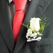 A sharply focused close-up shows a gentleman's charcoal grey suit jacket, perfectly pressed and tailored, with the camera lingering on the small but significant detail of his wedding boutonniere. On the left lapel, just beside a vibrant red tie knotted neatly over a pale, subtly checkered dress shirt, a single creamy white rosebud is pinned with deliberate care. The rose's petals are tightly furled and velvety, catching the soft, even light so they almost glow against the deep grey fabric. Around the rose, a delicate halo of white baby's breath creates a misty, cloudlike texture, each tiny bloom crisp and distinct, while fine green foliage and a broader curved leaf cradle the flowers and give a gentle sense of movement, as if stirred by a light breeze on a Queensbury hillside. The stems are bound with a slim white satin ribbon, tied into a small, precise bow that echoes the formality of a black-tie celebration at a local venue off High Street or near Queensbury Park. The suit's fine wool weave and visible lapel stitching add to the impression of meticulous preparation, suggesting a groom or honoured guest pausing for a portrait before walking into a ceremony. The bold scarlet tie provides a striking contrast, intensifying the freshness of the rose and gypsophila, so the boutonniere feels both quietly traditional and confidently modern-an understated promise of love and new beginnings worn close to the heart on an unforgettable day in Queensbury.