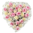A densely packed heart of roses and baby's breath sits crisply against a white backdrop, its silhouette unmistakable: a tender, hand-formed heart composed of roughly thirty velvety blooms. The roses range from whisper-soft blush pinks to creamy ivory that sometimes reads as a pale butter-yellow, each bloom at a slightly different stage of opening so that tight, satin-finished centers sit alongside gently unfurling outer petals. Between those larger heads, the airy clusters of tiny white Gypsophila thread through the composition like soft clouds, their minuscule star-shaped flowers catching the light and giving the heart a luminous, breathable quality. The petals look dewy and almost tactile, with a soft sheen that suggests the clean scent of fresh roses mingled with the faint, powdery sweetness of baby's breath. The overall effect is serene and intimate: romantic without being overstated, comforting without being somber. Bright, even studio lighting brings out the subtle tonal shifts in each rose-from the warm cream that leans toward pale yellow at its core to the blush pink edges-while the pristine white background isolates the heart so every curve and shadow reads clearly. As a florist who arranges for occasions from quiet memorials to anniversaries and Mother's Day surprises in Queensbury and nearby Kingsbury or Wembley, I picture this piece resting on a reception table or beside a written note, offering a soft, heartfelt message of love, gratitude, or condolence. The craftsmanship is deliberate, the palette elegant, and the mood quietly celebratory-an image of devotion shaped into a single, luminous heart.
