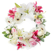 A beautifully crafted circular funeral wreath rests against a stark white background, its colours and textures arranged with the careful hand of an experienced local florist from the Queensbury area. The wreath's structure is formed by an abundance of large white lilies, their generous petals open wide and slightly reflexed, revealing pale green throats and golden stamens that add subtle warmth. Interwoven through these are striking deep pink and fuchsia lilies, their starburst shapes and gentle speckling adding a rich yet dignified contrast that keeps the arrangement from feeling stark. Between the lilies, clusters of soft pink roses introduce a romantic, tender note; some are still tightly budded, others just beginning to unfold, each layer of petals suggesting affection and cherished memories. Creamy white roses, more fully expanded, contribute volume and classic funeral elegance, reminiscent of garden roses freshly cut from a well-loved local garden near Queensbury station. White gerbera daisies with their distinctive dark centers dot the wreath like small, open faces, offering lightness and a sense of gentle hope. Smaller white filler blooms-likely spray carnations or delicate chrysanthemums-fill in the spaces, ensuring the circular form is plush, unbroken, and visually complete. Lush green foliage surrounds and weaves through the flowers, adding depth, movement, and a natural frame that softens the transition between petals and background. The wreath's open center and perfect ring evoke eternity, ongoing connection, and the cycle of life and farewell. It is the kind of meaningful tribute chosen for a funeral or celebration of life in Queensbury, suitable for delivery to local chapels, crematoria, or family homes along Honeypot Lane or near Queensbury Circle to express heartfelt sympathy.