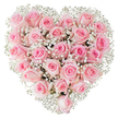 A perfectly formed heart of fresh, soft pink roses and cloud-like white baby's breath fills the frame against a pure white backdrop, its edges crisply defined by the tiny gypsophila that frame and feather the silhouette. Dozens of roses-each petal a delicate, satiny surface ranging from the palest blush to a slightly deeper rosy center-are tightly arranged so the blooms sit almost shoulder to shoulder, creating a lush, velvety mound that invites the fingertips. Some roses are drawn tight like a secret, their centers still furled; others have loosened into layered spirals, their inner petals catching a cool, morning light that highlights every subtle gradation of pink. The baby's breath punctuates the composition with clusters of miniature, frothy white flowers, lending an airy, lace-like contrast and a soft textural halo that keeps the heart from appearing heavy. The photography's bright, even illumination emphasises the fresh dewiness of the petals, the fine veins on each bloom, and the careful, symmetrical placement that suggests an experienced florist's steady hand. There is a tangible intimacy to the bouquet's mood-a quiet, reverent tenderness suited to declarations of love, anniversary celebrations, or a gentle tribute at a wedding in and around Queensbury. As a local arrangement you might see delivered across Queensbury and nearby Kingsbury, this heart-shaped composition feels both ceremonial and personal, carrying the scent of classic roses and the understated hopefulness of gypsophila. It reads as an emblem of deep affection: meticulously crafted, softly fragrant, and visually eloquent in its message of enduring tenderness.