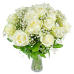 A hand-gathered cluster of pristine white roses sits arranged with quiet poise in a clear glass vase, their open blooms unfolding in layered spirals that catch soft, morning light. Each petal holds a creamy, almost luminous sheen, the edges curling outward with the ease of silk; between the roses a froth of tiny gypsophila floats like spun stars, lending an airy texture and delicate contrast to the velvety white. Deep forest-green foliage threads through the bouquet, grounding the composition and giving the eye vertical rhythm as the stems gleam through the transparent water. The scent is subtle-classic rose softened by a fresh, linen-like lift-an aroma that reads as comfort and gentle assurance rather than opulence. I arranged this piece thinking of quiet milestones: a small wedding in a local church, a bedside offering of solace, or a calm housewarming by the window of a newly settled home in Queensbury. The overall mood is dignified and serene, the simplicity refined rather than sparse; it sits as a visual whisper rather than a proclamation. Light plays softly across the petals and gypsophila, making the white feel both warm and pure, the greenery adding the reassuring note of life beneath. Viewing this bouquet, one senses the florist's restraint and care-each stem chosen for balance and each spray of baby's breath positioned to let the roses remain the stars. This is an arrangement that aims to soothe, to honour, and to promise hope in a quiet, confident voice.