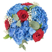 Seen from directly overhead against a crisp white background, this perfectly rounded bouquet reads like a small, celebratory flag of flowers: a voluminous cushion of blue hydrangeas in varying tones-from pale sky blue to deeper sapphire-forms the generous base, its compact florets creating a cloudlike texture under soft daylight. Three deep red roses rise as strong, velvety focal points, their tightly swirled petals drawing the eye inward with a rich, almost tactile intensity. Scattered like tiny stars across the dome are delicate sprays of white baby's breath (Gypsophila), which brighten the composition and lend an airy, gentle contrast to the denser blooms. Muted green eucalyptus leaves, with their soft, round shapes and silvery sheen, are tucked at intervals, while a few sharper green leaves add structure and visual depth, grounding the palette and suggesting a faint, resinous scent. The overall effect is elegant and balanced-romantic yet composed-suitable for occasions that range from quiet anniversaries to community celebrations. I often picture this arrangement delivered to a cosy home near Queensbury Tube or placed as a low, formal centerpiece at a local village hall celebration on The Broadway: its classic red, white, and blue harmony reads both as intimate affection and respectful tribute. The florist's hands are evident in the tight dome and measured spacing; every element feels deliberately placed to catch light, scent, and sentiment in equal measure. This bouquet quietly announces care, whether presented at a dinner table or laid as a thoughtful tribute at a local remembrance event in Queensbury.