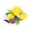 A compact, wearable floral piece photographed against a clean white backdrop, where every detail is meant to be read at a glance: three buttery yellow roses form the luminous heart of the design, one fully open at the centre with two slightly smaller, gently unfurling buds on either side, each nestling a tiny clear faceted rhinestone that picks up the light and gives the corsage a whisper of sparkle. Below this sunny cluster a single, sculptural calla lily in a deep plum or burgundy tone curves gracefully down and to the left, its satin-like surface creating a dramatic counterpoint to the roses' soft velvet petals. The composition is cushioned by feathery asparagus fern and broader dark-green leaves that give the piece a grounded silhouette, while little white button chrysanthemums are tucked in to brighten the negative spaces and add delicate punctuation. Two small green buds peek from the bottom right, promising natural progression, and a faint, sheer lace or feathered fabric behind the left rose softens the edge and adds romantic lightness. I imagine this worn on a lapel or wrist at a Queensbury celebration-weddings held close to Queensbury station, summer proms, or a garden party near Kingsbury Park-where the scent of fresh roses mingles with a hint of green leaf and the occasional shimmer of crystal catches a guest's eye. As a local florist I would choose sturdy wiring and low-profile pins so the corsage sits comfortably through an evening of photos and dancing, its bold yellow and moody plum reading beautifully against dark suits or soft pastels common around our neighbourhood.