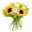 A hand-tied bouquet bursting with sunflower-bright colour stands out clearly against a neutral white background, the arrangement glowing with the same warmth you might feel walking through Queensbury on a clear summer day. At its core, several striking sunflowers face outward, their wide, golden-yellow petals layered around dark, seed-packed centres that create a dramatic, almost velvety contrast. Nestled close by are elegant white roses, their creamy petals wrapped in tight, rounded spirals that gradually loosen toward the edges, adding a sense of softness and refinement to the display. Dotted between these larger blooms are clusters of petite white, daisy-like flowers with tidy yellow centres-flowers that resemble feverfew or chamomile-bringing a playful, intricate texture that makes the bouquet feel freshly gathered rather than overly formal. Surrounding and weaving through everything is an abundance of airy, chartreuse-green foliage, similar to solidago, whose fine, branching stems and tiny buds create a feathery, cloud-like effect and fill the arrangement with light, almost sparkling greenery. The stems are left visible, aligned neatly and cut to an even length, then secured at the base with a bright lime-green ribbon tied in a simple, confident knot that mirrors the bouquet's fresh, modern country charm. The composition is rounded and generous, overflowing with warm yellows, gentle whites, and vivid greens that together suggest joy, encouragement, and heartfelt thanks. It would feel perfectly at home on a kitchen table near Queensbury Station, marking a birthday, a new home, or a quiet moment of celebration with a burst of natural, sunlit beauty.
