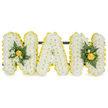 A meticulously crafted, three-dimensional floral tribute spells the letters 'NAN' in bold capital forms, designed to read clearly from the front and to rest serenely at a funeral or memorial service. Each letter is built from a dense carpet of small, pristine white chrysanthemum florets that give the surface a pillowy, cloud-like texture and a soft matte finish. Around every letter a neat, vivid border of smaller bright yellow button-style flowers-likely button chrysanthemums or miniature carnations-traces the edges, adding cheerful contrast and crisp definition against the white field. The two outer 'N' letters are gently warmed with low, central clusters of rich green foliage-glossy camellia-like leaves or ruscus-and tucked-in brighter yellow buds, introducing depth and a quiet, comforting warmth; notably, the central 'A' remains unadorned so that its pure white face reads as a calm, reflective focal point. A narrow, dark green or black support bar runs behind the upper sections of the letters, its discreet presence lending stability while keeping the composition visually light. The arrangement sits against a clean white backdrop, the soft studio lighting picking out the subtle shadows between the tiny chrysanthemum heads and the glossy sheen of the foliage. The overall palette-pristine white, sunny yellow, and deep green-conveys respect and fond remembrance. As a Queensbury florist I imagine this placed near the chapel at Queensbury station or carried to a service in nearby Kingsbury or Wembley, a simple, heartfelt way to honour a beloved Nan with clarity, tenderness, and enduring simplicity.