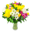 A lush bouquet of mixed flowers is presented in a clear glass vase against a bright white background, its colours and textures arranged with the steady hand of an experienced local florist. Dominant notes of cheerful yellow and fresh white give the design a sunlit quality, like the feel of an early afternoon stroll through Queensbury's residential streets in spring. Large, full-headed yellow chrysanthemums and classic yellow roses form the heart of the arrangement, their structured, layered petals creating a sense of richness and volume. Between them, airy white daisy-like blooms with lime-green centres peek out, adding a playful contrast and a meadow-like softness. Fluffy white chrysanthemums expand the bouquet's rounded silhouette, softening the stronger hues and lending a gentle, cloudlike feel. Here and there, bursts of magenta and fuchsia chrysanthemums, along with a few softer pink blossoms, introduce lively contrast and visual rhythm, suggesting small surprises as your eye moves across the arrangement. Deep green foliage, with glossy, oval leaves, weaves through and around the blooms, providing shape, depth, and a natural framework that makes the brighter colours stand out even more vividly. The clear vase's curved form offers a view of the clean, trimmed stems and the fresh water holding them, a quiet reminder of the bouquet's just-prepared freshness. Set against the pure white backdrop, every colour appears more intense and every petal more defined, emphasising the bouquet's joyful, celebratory character. It feels perfect for sending congratulations, lifting someone's spirits, or simply brightening a living room or office in Queensbury, delivering an accessible yet thoughtfully designed expression of warmth and care.