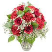 A lush, romantic bouquet in vivid reds and crisp whites is showcased in a clear glass vase, photographed against a pure white background that emphasizes every subtle detail. The arrangement is full and rounded, with no obvious gaps, suggesting careful, professional craftsmanship. Dominating the display are deep red roses, their velvety petals swirling inward in neat spirals that convey elegance and heartfelt emotion. Interlaced among them are thick clusters of ruffled red carnations, their many layered petals catching the light and adding a sense of softness and volume, like cushioned fabric. Interspersed throughout the red blooms, airy sprays of white baby's breath drift like small clouds, lending the bouquet a gentle, almost ethereal quality and providing a bright contrast that keeps the design from feeling too heavy. Supporting the flowers is a base of lush greenery: slender rose leaves and rounded eucalyptus with a cool, silvery-green tone, adding freshness, complexity, and a hint of natural woodland charm you might associate with walks through green spaces around Queensbury. The clear glass vase has a slightly flared top and a sturdy base, with straight stems visible in the clear water, lined up tidily and suggesting that the bouquet has been recently prepared for delivery. Bright, even lighting reveals the richness of the reds, the crispness of the whites, and the healthy sheen of the leaves, giving the whole composition a celebratory yet intimate mood. This bouquet would feel perfectly at home on a dining table in a Queensbury flat, marking a special anniversary, Valentine's surprise, or heartfelt thank-you shared close to home.