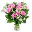 A lush arrangement of pink roses and white baby's breath stands in a simple glass vase, set against a pure white background that gives the scene a bright, airy feeling, like a fresh delivery to a Queensbury home welcoming a new baby. Around ten to twelve pink roses form the core of the bouquet, their petals smooth and velvety, curling outward in graceful layers that range from a soft, pastel blush at the tips to a slightly richer pink near the centre. Some blooms are fully opened, revealing their spiralled hearts, while others are still partially closed, hinting at the promise of continued flowering over the next few days. Interlaced with the roses are generous sprigs of white Gypsophila, or baby's breath, each stem carrying dozens of tiny star-like blossoms that create a light, misty haze throughout the arrangement. This airy white texture softens the composition and gives it a dreamy, almost cloud-like quality that feels especially suited to baby girls, christenings, or naming ceremonies around Queensbury and nearby Stanmore. Framing the blooms, dark green rose leaves and complementary foliage add fullness and contrast, their glossy surfaces catching the light and enhancing the vibrant freshness of the display. The clear glass vase reveals the straight green stems and the clean water holding them, reinforcing the sense of a carefully prepared, professional bouquet. The lighting is bright but gentle, illuminating each petal and leaf without harsh shadow, suggesting a calm, happy moment early in the day. Altogether, the image evokes tenderness, new beginnings, and affectionate celebration, as if arranged by a local Queensbury florist who understands how to express joy and welcome through flowers.