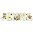 A serene, handcrafted floral tribute spells the name JENNA in bold three-dimensional capitals, set against a clean white backdrop so every petal and contour reads clearly. Each letter is densely fashioned from hundreds of small, creamy-white chrysanthemums that give the letters a soft, cloud-like volume and a gentle, almost powdery scent when close. A narrow band of deep purple ribbon or tiny lavender blooms traces the inner edges of each letter, providing crisp definition and a comforting contrast to the pure white. Three small accent clusters bring warm colour and natural movement: one nestles into the upper curve of the J, a second gathers at the lower middle of the second N, and a third rests on the upper right of the final A. Those mini bouquets combine blush-pink and lavender spray roses with a few cream or pale yellow roses, their subtle fragrances mingling with the herbaceous green of delicate fern fronds. Thin, dark connecting bars hold the letters together and lift them slightly, creating a dignified horizontal display suited to a funeral chapel or memorial table. The soft, diffused light in the photograph highlights the petal textures and the satin sheen of the purple trim, suggesting quiet reflection and gentle care. As a local floral design often chosen for wakes or commemorative services in Queensbury and nearby Kingsbury, this arrangement communicates respect, warmth, and tender remembrance-an intimate, personalised way to honour a loved one and to offer visual comfort at a farewell service.