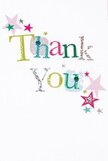 There's an unmistakable warmth and quiet joy in this thank you card, as if it were crafted during a bright afternoon in the heart of Queensbury. The words 'Thank You' sparkle in playful, multicoloured letters-vivid green, brilliant blue, uplifting pink-each one textured with silver shimmer, cheerful dots, or gentle stitched details. Around the message, small stars in shades of pink, teal, and metallic silver drift like a celebratory breeze, bringing a sense of movement and delight reminiscent of a local street fair. The crisp white background creates a sense of openness and calm-every colour and glimmer is allowed to sing without competition. This design feels as sincere as a neighbour's smile, equally at home tucked beside a bouquet delivered to a friend near Kingsbury Road or given in thanks after a community gathering. As a florist familiar with Queensbury's generous community spirit, the card's whimsical yet heartfelt mood feels like a genuine extension of our bouquets. It calls to mind the pleasure of giving and receiving appreciation, weaving the tactile joy of handcrafted texture with the emotional uplift that defines the very best thank yous in our neighbourhood.