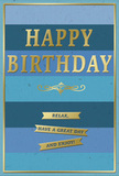 The birthday card shown is a carefully composed blend of calm blues and celebratory gold, reminiscent of a peaceful Queensbury morning that slowly brightens into day. Its background is built from wide, horizontal stripes, each one a slightly different shade of blue-deep navy at the bottom, moving smoothly through dusky mid-blues into a pale, tranquil sky tone at the top. This layered effect creates a sense of depth and ease, like looking across open sky from a quiet street off Queensbury Circle. In the centre, the phrase HAPPY BIRTHDAY is embossed in big, confident gold letters. The metallic surface catches light delicately, adding a refined sparkle that feels joyful but not overpowering against the cool backdrop. Just below the main greeting, a simple yet elegant golden flourish stretches from side to side, its gentle curves recalling classic stationery or vintage invitations. Underneath, three narrow golden ribbons are stacked neatly, each bearing part of the kind-hearted instruction: Relax, have a great day and enjoy! The card's surface appears smooth and slightly velvety, with the raised gold creating a subtle tactile contrast you might notice when you run your hand across it. A thin gold border frames all four sides, neatly containing the design like a small, treasured artwork. Imagined standing next to a vase of birthday flowers delivered locally in Queensbury, this card feels both soothing and celebratory, perfect for offering quiet good wishes to someone who deserves a peaceful, joy-filled day.