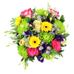 A joyful, colour-rich bouquet is captured in crisp light against a plain white background, allowing every hue and texture to stand out as clearly as if viewed in a Queensbury flower studio. At its heart, vivid pink roses, some edged delicately with white, open in generous spirals, their velvety petals suggesting softness and warmth. Tucked among them, sunshine-yellow gerbera daisies with dark, cocoa-brown centres beam brightly, their daisy faces adding a playful, almost carefree charm. Nestled in between, lime-green button and spider chrysanthemums lend a lively freshness, their rounded and finely spiked forms giving the arrangement a modern, slightly whimsical character. Woven throughout, slender stems carry delicate purple lisianthus and soft blue-lavender aster-like blooms, which form cool pockets of colour among the brighter tones, much like shaded corners in local gardens around Queensbury. A rich collar of greenery frames the flowers: broad, dark leaves, airy fern-like fronds, and variegated foliage with pale edges that subtly echo the roses' lighter tips. A few green buds and tender shoots reach out beyond the main cluster, introducing a sense of movement and natural growth, as if the bouquet were still very much alive and unfolding. The white background and even lighting accentuate each detail, from the fine veins in the leaves to the gentle ruffles of petals, without distraction. The overall atmosphere is uplifting and soothing at once, ideal for birthdays, thank-you gifts, or simply brightening someone's home along Honeypot Lane or in a cosy flat near Queensbury Underground. It feels like a burst of happiness and care, thoughtfully tied together and ready to be placed where it can be most appreciated.