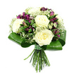 Captured against a pure white background, this hand-tied bouquet appears almost to float, its details highlighted as if under soft studio lighting in a Queensbury florist's window. At its core, several large, creamy white roses open fully, each bloom packed with layers of smooth, velvety petals that create a luxurious, cushion-like centrepiece. Threaded through and around these roses are rich purple alstroemeria, their elongated petals streaked with darker markings; some flowers are wide open and showy, while others remain in tight buds, lending rhythm and variation to the composition. Airy plumes of white baby's breath are woven between the larger blooms, their tiny blossoms forming a delicate haze that softens every edge and adds a romantic, almost ethereal feel. Interspersed within this softness, small spiky filler flowers in fresh green and muted white bring a textured, slightly wild note that keeps the bouquet feeling natural and hand-crafted rather than overly formal. The entire dome of flowers is neatly embraced by a polished collar of broad, glossy green leaves, carefully curved and wrapped so they create a smooth, modern frame around the blooms, reminiscent of the well-kept hedges and green spaces dotted around Queensbury. Beneath this leaf collar, the stems are cut evenly and secured with a green and white patterned ribbon, emphasising the care and precision behind the design. The bouquet conveys serenity, purity, and understated luxury, making it an ideal choice for weddings, thoughtful sympathy gestures, or elegant celebrations delivered to homes, churches, and venues throughout the Queensbury area.