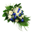 A dignified funeral sheaf in blue and white is shown on a stark white background, its form flowing from a broader, leaf-rich top left into a gently tapered point at the lower right. The central focus is a selection of roses in full bloom, about a dozen creamy white blossoms interwoven with a similar number of deep, saturated blue roses. The white roses appear soft and luminous, their rounded petals layered in creamy spirals, while the blue roses offer a bold contrast, drawing the eye along the length of the spray. Small clusters of white baby's breath drift between the larger blooms, their many tiny flowers adding a fine, cloud-like texture that softens the strong lines of the foliage.
The greenery surrounding the roses is rich and varied, much like the mature planting found in Queensbury's residential gardens and local parks. At the upper-left, broad, glossy dark green leaves gather in a supportive cradle, suggesting stability and strength. Slender, feathery palm fronds unfurl from the lower-right corner and sweep outward, helping to create the classic elongated silhouette associated with sympathy sprays for church aisles, chapel services, and graveside farewells. Interwoven amongst the greenery are delicate hints of bluish-green eucalyptus-style foliage, their cooler tone harmonising gently with the blue roses. Carefully folded or banded leaves appear like soft, natural ribbons, adding an understated, tailored detail that hints at the florist's craft.
The overall impression is one of quiet respect and heartfelt condolence, suitable for a memorial service or funeral in and around Queensbury. The combination of pure white and deep blue blooms symbolises peace, remembrance, and enduring love, making this floral tribute a comforting presence during moments of grief and reflection.