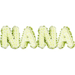 A playful, tactile spelling of the word NANA sits boldly against a clean white backdrop, each capital letter formed in a soft, pale green tone that calls to mind fresh lime or the inside of a cucumber. Rather than petals, each letter's surface reads as a tightly packed mosaic of tiny, rounded segments - like delicate green pearls or the clustered cells of a succulent - giving the composition a gentle, bubbly texture and an almost edible freshness. The letters are three-dimensional and softly contoured, catching even, diffused light so their subtle highlights and shadows emphasize the plumpness of each segment. The overall impression is warm and nurturing rather than formal: the colour and texture suggest wholesome kitchen memories, garden mornings, and the cool reassurance of a grandmother's pantry. A viewer might imagine the scent as faintly green and vegetal - like crushed cucumber or a hint of cut grass - though the image remains visually focused and serene. Crafted with a deliberate organic aesthetic, this piece reads equally well as signage for a farm stall, a comforting feature in a family-run café, or an affectionate tribute in print accompanying a recipe or personal reminiscence about a cherished Nana. The composition's simplified backdrop and soft lighting keep all attention on the letters' tactile detail, while the fresh green palette conveys vitality and gentle care. Locally, this style of visual would sit comfortably in Queensbury's community markets or at a neighbourhood cafe near Queensbury station and Kingsbury, evoking familiar flavours and family traditions that many in the area associate with their own grandmothers.