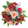 This bouquet celebrates the vibrant contrasts and inviting harmony found throughout Queensbury. Bold peach roses-softly spiraled, almost glowing in the natural light-anchor the design, while clusters of velvety, deep red chrysanthemums burst with life around them, enriched by bright greenish eyes that catch the gaze like jewels. White baby's breath mingles artfully throughout, its cloud-like blossoms offering a gentle counterbalance and a feeling reminiscent of dew on grass in Montrose Playing Fields. The arrangement is edged with lush, glossy green foliage and touches of silvery eucalyptus, introducing a fresh, herbal note and a cool visual lift to the warmer colours. A hint of reddish-brown, spiky foliage-perhaps a protea bud-contributes a playful, architectural accent, echoing Queensbury's dynamic mix of traditional and contemporary styles. Sized generously and rounded with care, the bouquet radiates optimism, affection, and celebration, suitable for sharing joy at family gatherings, romantic dinners, or milestone moments across Queensbury. The overall effect is one of hope and renewal, with a subtle fragrance of roses and greenery inviting you to pause and savour life's best moments, thoughtfully crafted for delivery by your local Queensbury florist.