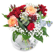 A bouquet blooming with warmth and refined style sits elegantly in its rounded glass vase, a gentle promise of delight for Queensbury homes. Apricot-peach roses unfold at the heart, their soft petals swirling in perfect layers, basking in the mellow light like the calm of a local afternoon. Deep red roses and velvety burgundy chrysanthemums are woven in among the center blooms, adding richness, depth, and a sense of comfort familiar to the neighbourhood's cosy corners. Sprigs of white baby's breath drift between each blossom, soft as morning mist along Queensbury's avenues, lending the entire arrangement a sense of airy uplift. Silver-green discs of eucalyptus mingle with glossy green leaves, their crisp, cool tones infusing a fresh finish and subtle herbal aroma-recalling the gardens just off Turner Road. A cluster of dark, almost plum-coloured foliage surprises the senses, hinting at modernity and creative flair. The vase, clear and simple, lets the stems crisscross naturally and water shimmer, inviting the eye to linger. The bouquet's joyful yet mature palette of reds, oranges, and greens turns every room it enters into a space of celebration, ideal for birthday gifts, heartfelt thank-yous, or simply adding a touch of florist-crafted artistry to daily life in Queensbury.