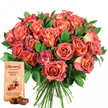 This captivating gift set, carefully styled by a seasoned Queensbury florist, radiates celebration and care through a combination of fresh blooms and artisanal treats, all showcased against a snowy white background. The striking bouquet commands attention, with a dome of about two dozen roses packed closely together. Each rose unfolds in a gradient harmony of warm peach, vivid coral, and blush pink, many showing a subtle transition from pale, creamy centers to richer, almost reddish-pink at the edges-a visual symphony reminiscent of summer sunsets in local spots like Eton Grove Park. The roses are at their peak, with some buds just opening while others are in full, sumptuous bloom, and swathes of dark, glossy foliage provide a deep green foil that accentuates the flowers' brilliance. The hand-tied bouquet's stems are neatly gathered, evoking the professionalism and attentiveness of nearby Queensbury florists. Accompanying the flowers, a light beige Thorntons Orange Crisp pouch rests in the foreground, adorned with elegant branding and a vivid illustration of chocolate truffles. Two actual chocolates, wonderfully glossy and dark, stand invitingly in front, their shape suggesting a decadence waiting to be enjoyed. The whole arrangement is thoughtfully balanced to appeal to the senses and heart alike, making it a go-to image for those searching for indulgent gift inspiration, local Queensbury flower delivery, or the perfect way to mark anniversaries, Mother's Day, or romantic surprises with the charm of fresh roses and the delight of premium chocolate.
