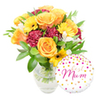 A warm, celebratory bouquet captured against a clean white backdrop, the kind of arrangement a neighbourhood florist would prepare for a mother who deserves to be seen. The composition centres on several lush, full-petalled roses in glowing shades of orange and sunset peach; their velvety spirals catch a soft morning light and suggest a gentle, honeyed scent. Bright yellow gerbera daisies punctuate the roses like small suns, each with a dark brown to almost-black centre that grounds the palette. Deep maroon carnations, richly ruffled and tactile, sit between the larger blooms, adding depth and a luxurious, plush texture. Slender white alstroemeria with faint speckling weave through the display, their dainty shapes introducing an elegant, airy contrast. A generous cloud of glossy green foliage - broad leaves and slender sprigs - frames the flowers, bringing a cool freshness and structure that lifts the composition. The stems are gathered in a clear glass vase; water and neatly trimmed green stems are visible through the transparent glass, a quiet signal of recent arranging and garden-fresh care. To the lower right, slightly overlapping the vase, a round white Mylar balloon adds a playful, personal touch: it is scattered with gold and hot-pink polka dots and tiny heart motifs, and bears the message best Mum in flowing hot-pink script. The overall feeling is affectionate and joyful - a thoughtful gift for Mother's Day, a birthday, or a surprise to say thank you - evoking local deliveries to Queensbury homes and quiet celebrations on nearby streets and small high streets.