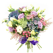 Imagine the gentle atmosphere of a quiet corner in Queensbury, where garden colours come alive in a bouquet that sings with soft sophistication and artistic flair. Here, the star attractions are lush hydrangeas, their petals deep indigo and lagoon teal, sitting side-by-side with muted purple, reminiscent of the changing evening sky over local parks. Framing them, soft lilac roses and ivory-white blossoms open slowly, their spiraled petals radiating both grace and tranquility. White ranunculus, tightly ruffled and plush, nestle amongst the larger forms, bringing a contrast that feels plush yet refined. Slim, lemon-tinged lisianthus buds and half-bloomed stalks peek out, introducing a breath of brightness like new spring shoots along Queensbury's garden paths. Energetic fuchsia-pink blossoms are scattered throughout, while feathery astilbe plumes in pale pink give the edges a whimsical, airy touch-almost as if a breeze is ruffling the petals. Light green and white lacy filler flowers provide intricate webs of texture, lending a sense of freshness and balance, all enhanced by the deep green leaves that support the display. The entire design is brought together at the base, where glossy royal purple satin wraps tightly around the gathered stems, offering a touch of regal sophistication. Perfect for expressing love or celebrating life's joyful occasions in Queensbury, this bouquet exudes serenity, local character, and the lovingly honed skill of a true neighborhood florist.