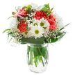 Bathed in bright, even light that floods across the arrangement, this bouquet radiates a gentle cheerfulness perfectly suited to Queensbury's welcoming homes. Velvety, ruffled coral-pink carnations cluster at the centre, their playful texture beckoning the eye, while white chrysanthemums and classic daisies unfurl around them-the daisies' vivid green eyes popping with country freshness. Delicate sprigs of baby's breath create a soft, cloudlike halo that gives the design its floaty, uplifting silhouette. Nestling the blooms are rich green leaves in a mix of glossy and slender forms, lending structure and a sense of the outdoors, echoing the well-cared-for gardens seen around Queensbury. The bouquet is anchored gracefully in a simple, transparent vase, where clear water amplifies the lushness of the stems and underscores the freshness only a local florist can provide. Every element in this arrangement-from the tight buds of purple alstroemeria hinting at future beauty, to the interplay of scent and texture-conveys thoughtfulness and a celebration of new beginnings. Ideal as a birthday surprise, a thank you token, or a pick-me-up, this bouquet brings gentle optimism and elegant simplicity to any Queensbury address.