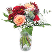 Brimming with Queensbury charm, this luxurious bouquet draws the eye with its enticing blend of deep, velvety reds and gentle peach tones. At its heart, three generous peach roses unfurl gracefully, petals soft to the touch and glowing with understated romance. Deep burgundy chrysanthemums encircle these blooms, their ruffled petals adding layers of drama and plush texture, reminiscent of the vibrant floral stalls near Queensbury tube. Delicate clusters of baby's breath wrap the arrangement in a dreamy white veil, softening the rich colours and inviting memories of joyful celebrations with friends and family. Interwoven among the flowers, glossy green leaves and elegant stems of fresh eucalyptus introduce an invigorating fragrance, grounding the arrangement and connecting it to the natural beauty found in local parks. The flowers are thoughtfully arranged in a clear vase, where the tangled stems and glimmer of water evoke a sense of laid-back elegance and authenticity. Suitable for sincere gestures, heartfelt apologies, or spontaneous tokens of affection, this bouquet brings a sense of thoughtful artistry and warmth, sure to brighten any home in the Queensbury area.